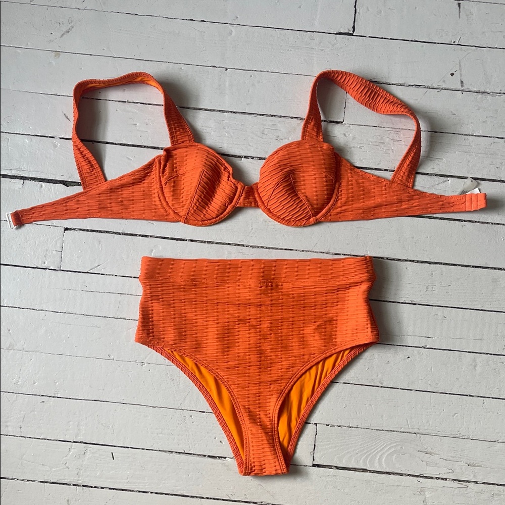 Solid & Striped Lilo Luxe Ribbed Orange High-Waisted Bikini Set